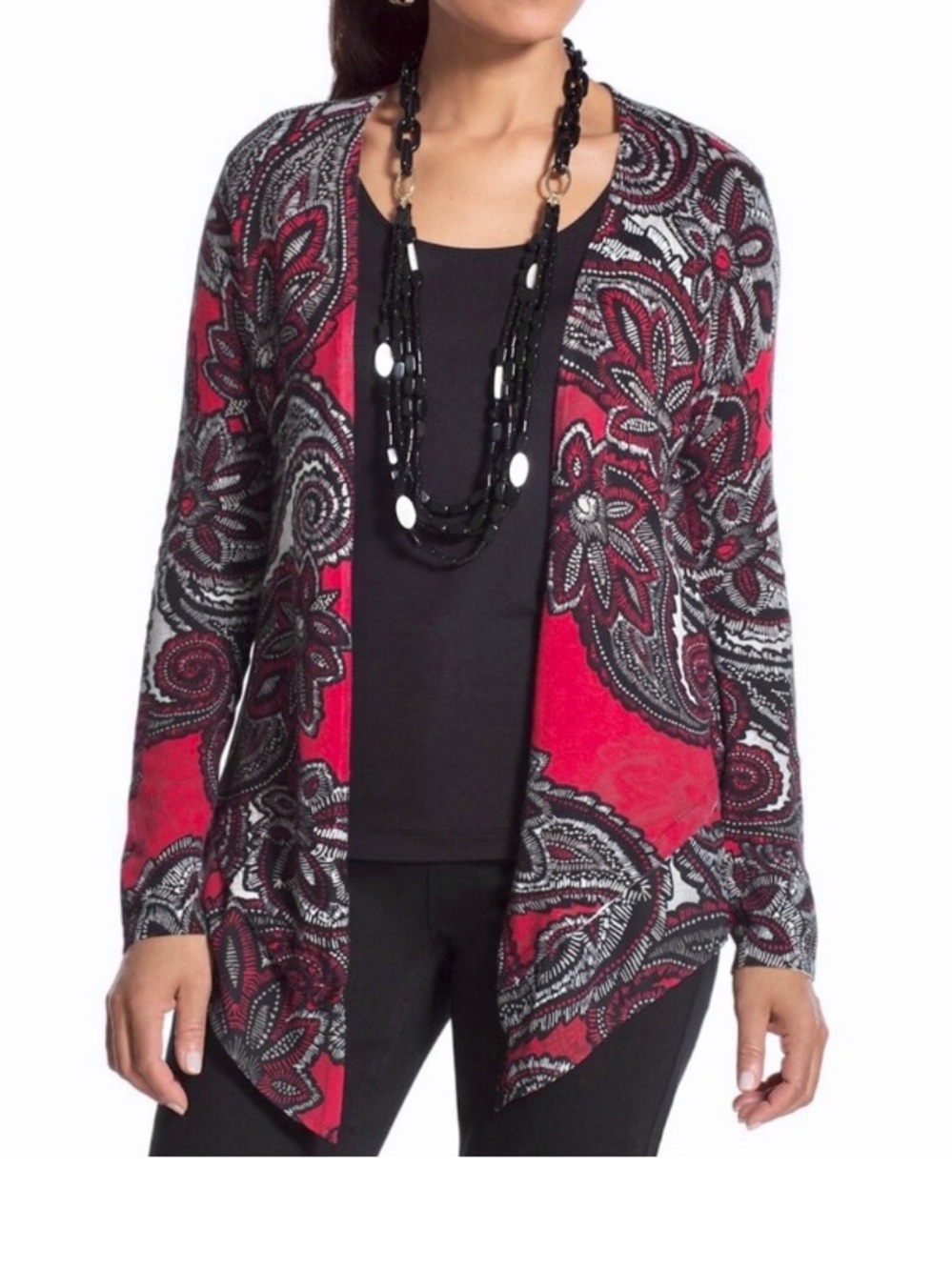 Chico’s NWT Women's Paisley Swirl Prya Cardigan Sweater Black Red Size Medium